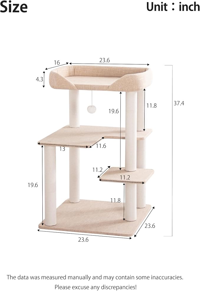 Cat Tree for Large Cats, Modern Senior Friendly Cat Tower with Wide Shelves, Cotton Scratching Posts, Super Sturdy Base, Cozy Perches, and Interactive Toys for Indoor Kittens, 37.4'' Ivory.