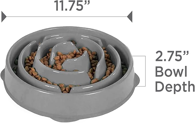 Outward Hound Fun Feeder Slo Bowl – Large 4‑Cup Capacity, Slow Feeding, Medium to Large Dogs, Non‑Slip, Gray, Drop Pattern, 11.75"