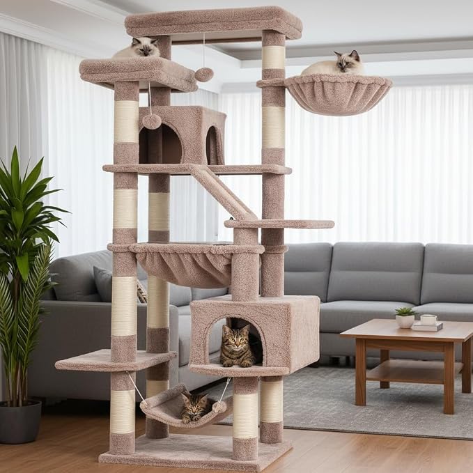 Heybly Cat Tree, 71-Inch-Tall Tower for Indoor Cats with 2 Perches HCT034MU | Large Cat Furniture with 2 Big Condos, 2 Hammocks, Basket, Scratching Pad, Multi-Level Cat Condo, Rosy Brown