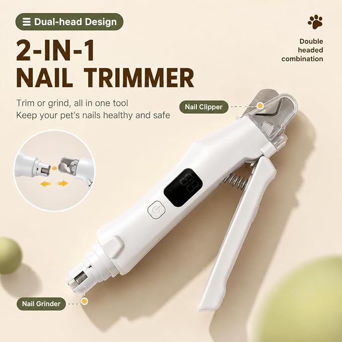 AMYJOY 2-in-1 Cat Nail Clippers & Dog Nail Clippers with Grinder, Pet Nail Trimmer for Small Medium Large Dogs and Cats, Dual LED Lights, 6000 RPM Quiet USB Rechargeable Grinder with Safety Guard