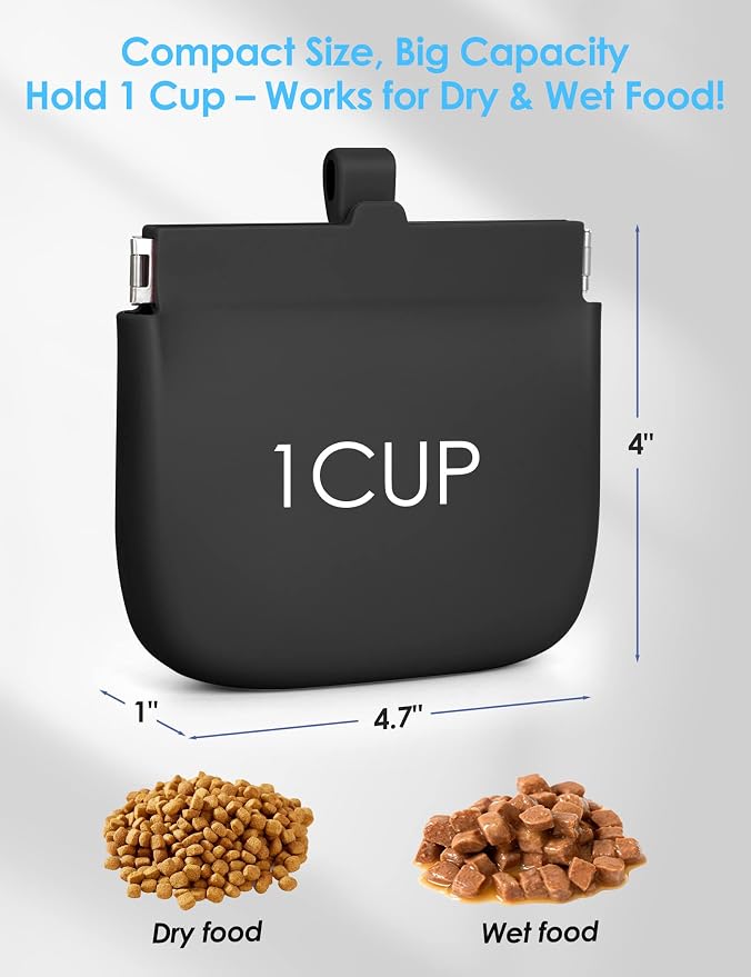 1Cup Silicone Dog Training Treat Pouch for Leash or Belt Loop(Black) | Clip on Leash or Belt Loop, One-Hand Access with Pull Tab, Small Pocket Sized, Auto Closing Lid for Pet Training & Walking