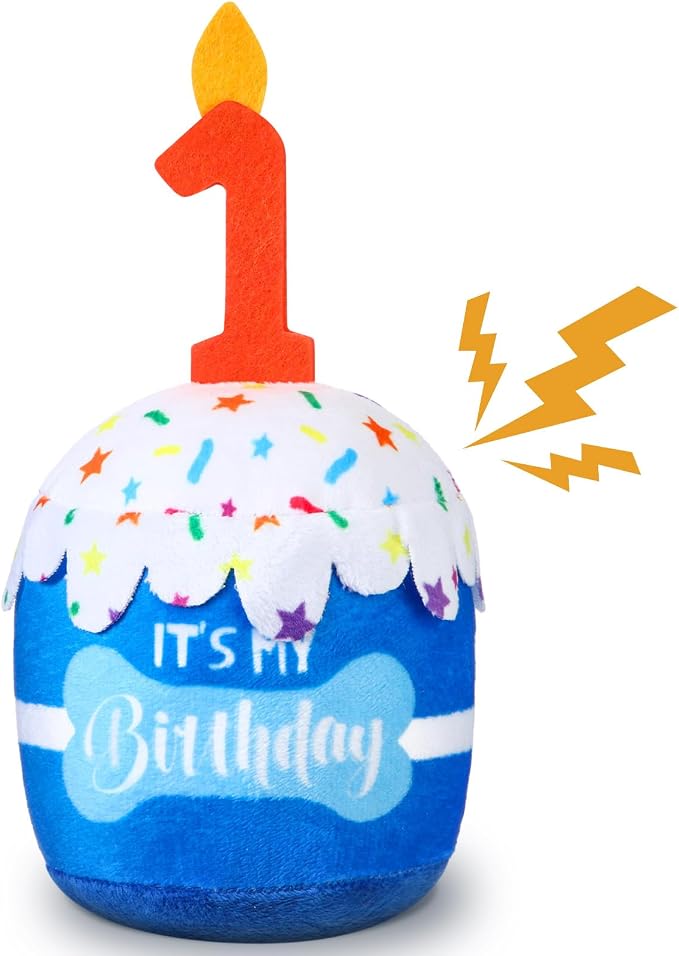 Dansydaisy Dog Birthday Cake Toy Squeaky Plush Toy for Girl Boy Gifts, Chew Accessories for Dog Birthday Party Decor Favor for Large, Medium and Small Dogs(1st,Blue)