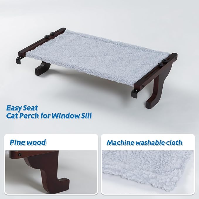 Zakkart Easy Seat Cat Perch for Windowsill (Dark Stained Wood/Gray, L) | Hook-On Windowsill Mount, Clean Hammock Design, Premium Wood & Robust Metal Frame, Machine Washable Bed, 26"W x 14"D