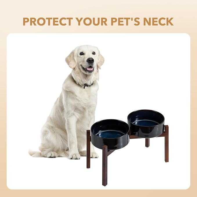Havniva 8.2" Elevated Dog Bowls Ceramic Raised Dog Bowl with Non-Slip Stand (Acacia Wood) Weighted Dog Food & Water Bowl for Large Breed Dogs - 7.6 Cups 60 oz