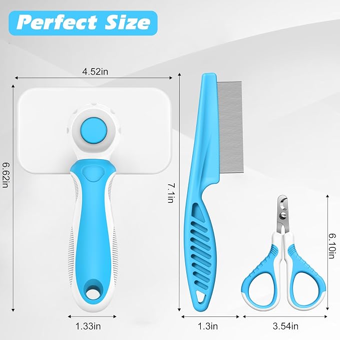 3PCS Cat Grooming Supplies, Cat Brush & Nail Clipper/Trimmer & Flea Comb for Shedding Indoor Cats Essentials Stuff Accessories (Blue)
