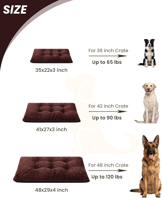 KSIIA Washable Dog Crate Bed Kennel Mat for Large Dogs,35 x 23 Inch, Brown | 3in thick soft PP filling,Elastic rebound,300gsm shed-proof flannel,Soft skin-friendly,Anti-slip bottom,Machine washable
