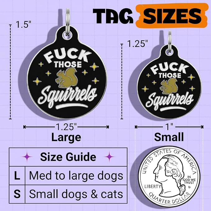 Bad Tags Personalized Dog and Cat ID Tags in 25+ Designs and 2 Sizes - 5 Lines of Custom Engraved Text - Funny Cute Personalized Pet Tags (F*ck Those Squirrels - Black, Small (1 inch))