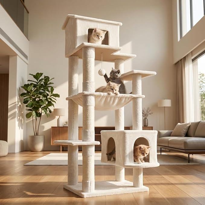 64 Inches Multi-Level Large Cat Tree Tower with Cat House for Indoor Cats/Cozy Perches/Cat Condo/Sisal Scratching Posts/Hammock/Cat Activity Center Play House/Wide Base