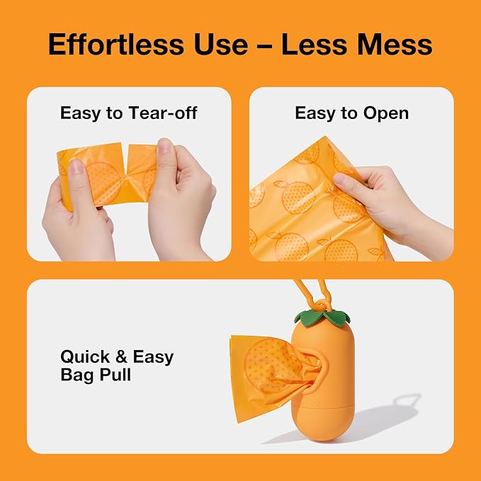 VETRESKA Dog Poop Bag Dispenser with Citrus Scented Waste Bags, Leak Proof, Extra Thick and Large Pet Poop Bags for Walking Dog and Cats Litter, 1 Count Holder and 105 Bags, Orange