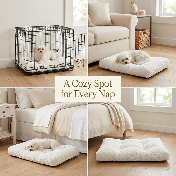 18 Inch Dog Crate Bed for Small Dogs and Puppies,Washable Puppy Crate Pad for Dog Cages,Soft Jacquard Flannel Kennel Mat with Anti-Slip Bottom,Fluffy Dog Bed for Toy Breeds,White