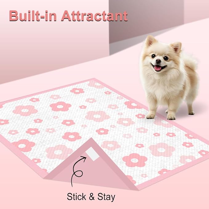Pink Floral Dog Pee Pads, 23''x30'', 40 Count Leak-Proof Puppy Pads for Potty Training, Quick-Dry & Adhesive Tabs, Cute Flower Print for Small/Medium Dogs with Attractant