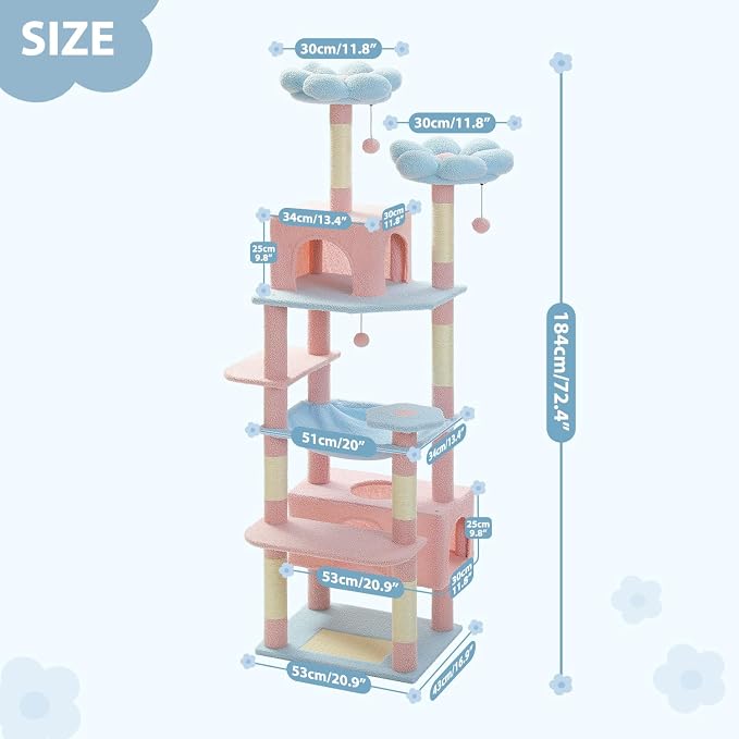 PAWZ Road Flower Cat Tree 72" Cat Tower with Condos&Hammock for Large Cats | cute cat tree in pink&blue, 20"×16" hammock for adult cats, 7 scratch posts + pad, dual condos&perches for multi-cats