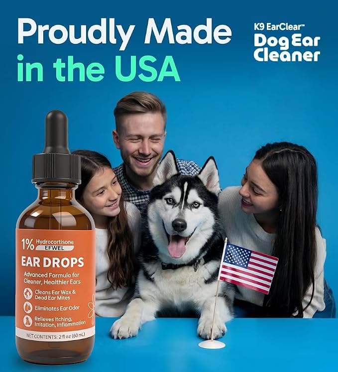 Dog Ear Cleaner Drops with 1% Hydrocortisone, Natural Infection Treatment for Dogs and Cats, Yeast Infection and Itchy Ear Relief, 2 fl oz