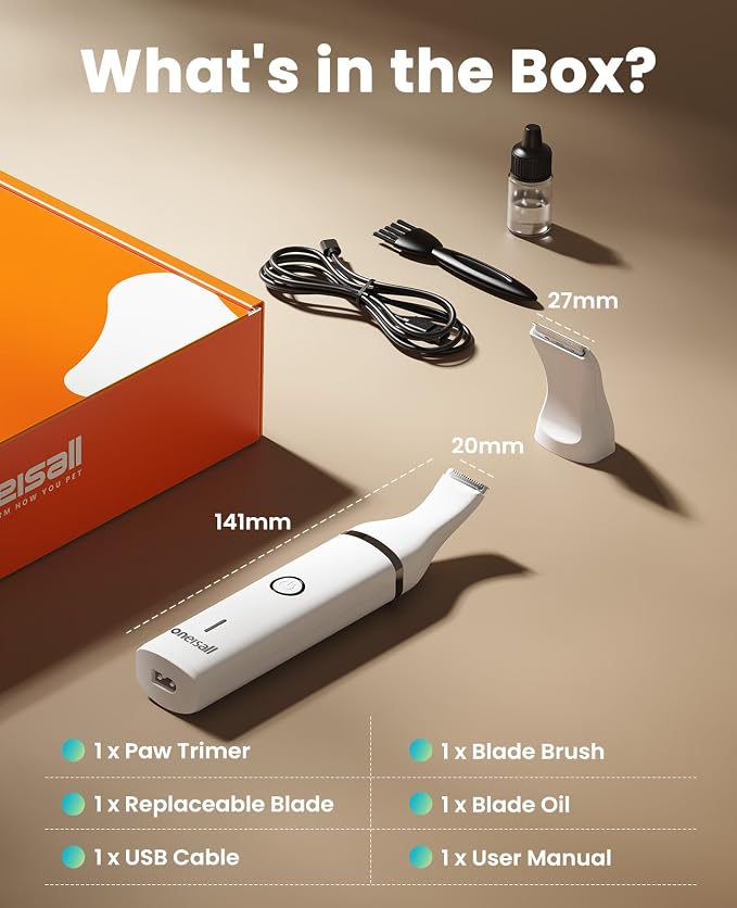 oneisall Dog Paw Trimmer, Small Dog Clippers with Double Blades | Low Noise, Gentle Skin-friendly Design, Cordless Precision Pet Hair trimmer for Grooming, for Paws, Eyes, Ears, Face, Rump