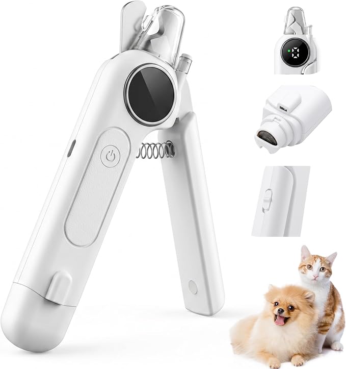 2-in-1 Pet Nail Clipper with LED Light and Digital Display – Upgraded Cat and Dog Nail Grinder with Safety Guard, USB Charging, Splash-Proof, Low-Noise, Pain-Free Nail Trimmer (White)