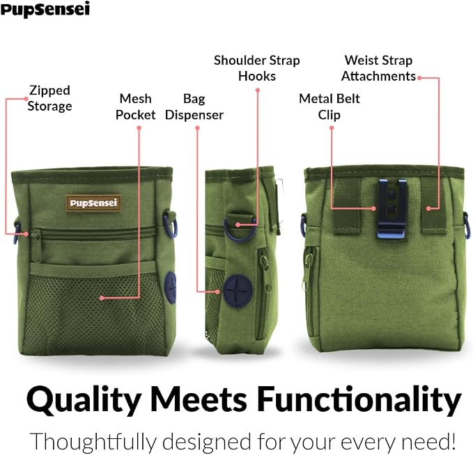 Dog Treat Pouch for Training – Magnetic Dog Treat Bag with Belt Clip & Poop Bag Dispenser – Hands Free Carry Pouch with Auto-Close Access & Shoulder Strap – Durable Pet Gear – Army Green