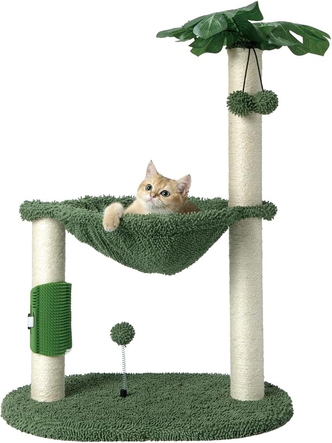MECOOL Cat Tree Tower 32" Tall Scratching Post with Large Hammcok for Indoor Cats,Self-Massage Bursh Hanging Ball Toys,Monstera Deliciosa Green