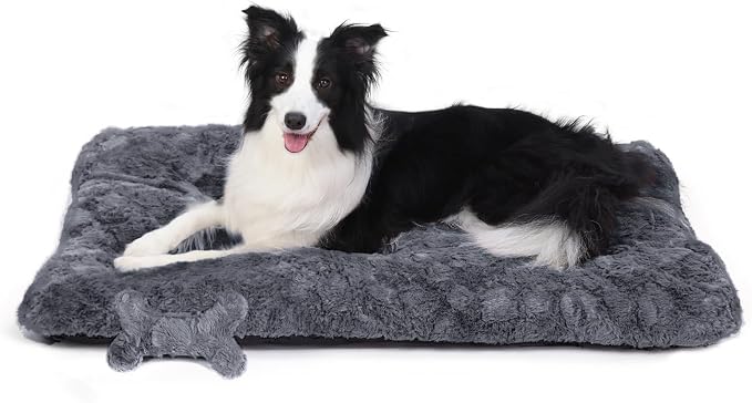 Washable Dog Bed for Small to Large Dogs, Calming Anti Anxiety Medium Dog Bed, Deluxe Plush Faux Fur Crate Beds, Comfy Fluffy Kennel Pad Pet Mat with Non-Slip Bottom, 36"x27", Dark Grey