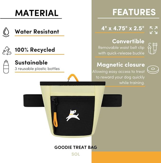 Goodie Treat Bag, Dog Treat Training Pouch | Magnetic Closure | 3 Ways to Wear | Hands-Free Waist Belt | Water-Resistant Recycled Vegan Fabric (Sol)