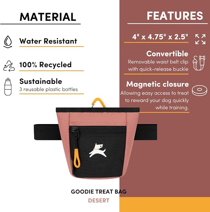 Goodie Treat Bag, Dog Treat Training Pouch | Magnetic Closure | 3 Ways to Wear | Hands-Free Waist Belt | Water-Resistant Recycled Vegan Fabric (Desert)