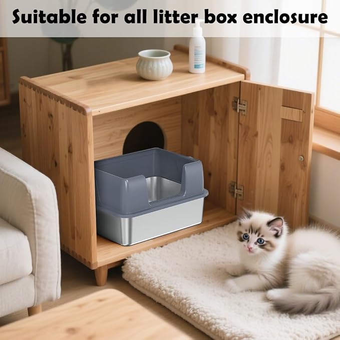 SZEE Small Stainless Steel Cat Litter Box, Kitten Litter Box Low Entry, Open Top Litter Pan Included Litter Scoop, Anti-Scratch Metal Cat Litter Tray Easy to Clean, Pet Toilet, 17x 13x 11 inches