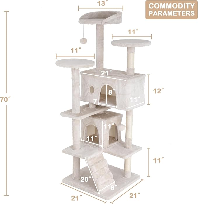 Go Pet Club 70'' Tall Multi-Level Cat Tree with Scratching Post, Condo, Platform, Tower for Indoor Medium Cats