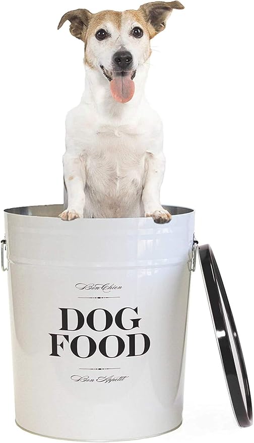 Harry Barker Bon Chien Dog Food Storage Canister – Medium 6.5 gallons, Airtight Stainless Steel Pet Food Container, Stylish Kitchen Counter Dog Kibble Storage with Easy-Open Lid - White