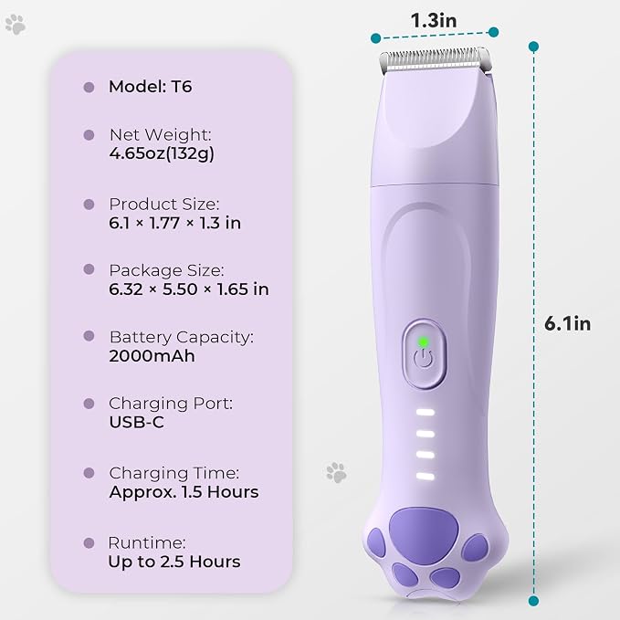 4-in-1 Dog Clippers for Grooming Kit - 45dB Quiet 150-Min Run Non-Slip Grip | Cordless Rechargeable IPX7 Waterproof Hair Paw Trimmer & Nail Grinder Pet Shaver at Home Razor for Dog & Cat, Purple Veeconn