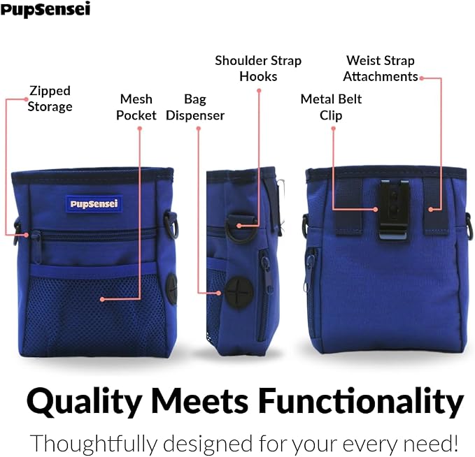 Dog Treat Pouch for Training – Magnetic Dog Treat Bag with Belt Clip & Poop Bag Dispenser – Hands Free Carry Pouch with Auto-Close Access & Shoulder Strap – Durable Pet Gear – Navy Blue