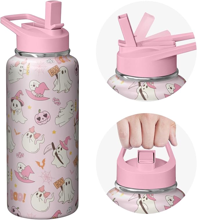 32oz Halloween Pink Boo Insulated Aater Water Bottle with Straw,Halloween Gym Hiking Sports Coffee Mug Cup Water Bottles,Halloween Gifts for Women,Halloween Decor Stuff Accessories
