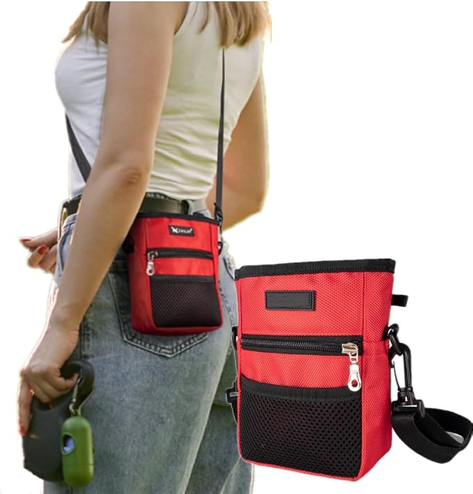 Dog Treat Pouch Pet Trainning Waist Bag Portable Food Snack Small Item Storage Holder Bag Hook Design Pet Training Reward Pouch Bait Sack Mini Puppy Snack Carrier Container Pockets (RED (STYLE A))