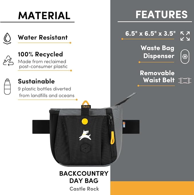 Backcountry Day Bag | Dog Training Treat Pouch | Eco-Friendly Recycled Fabric Fanny Pack with Zipper Closure, Built-in Poop Bag Dispenser & Adjustable Waist Belt (Castle Rock)
