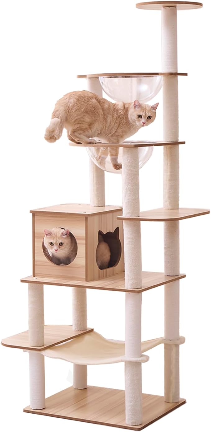 76-Inch Multi-Pure Wood-Level Cat Tree Tower with Condo, 16 Soft Plush Scratching Post,2 Space Capsule, with Cat Hammock,5-Story Perching Platform,Cat Tree for Large Cats.(1115)