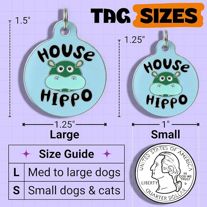 Bad Tags Personalized Dog and Cat ID Tags in 25+ Designs and 2 Sizes - 5 Lines of Custom Engraved Text - Funny Cute Personalized Pet Tags (House Hippo - Blue, Small (1 inch))