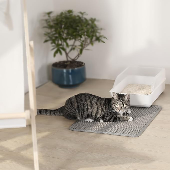 Cat Litter Trapping Mat, 27"x19" Universal Fit Litter Box Floor Mat, Hexagon Grids & Anti-Leak Base, Machine Washable, Non-Slip Kitty Mat for Most Homes, Gray