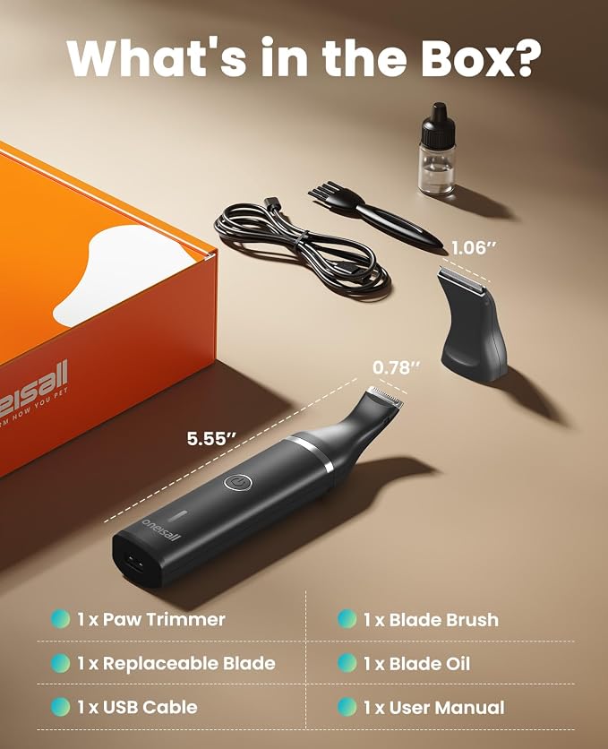 oneisall Dog Paw Trimmer, Small Dog Clippers with Double Blades (Black) | Low Noise, Gentle Skin-friendly Design, Cordless Precision Pet Hair trimmer for Grooming, for Paws, Eyes, Ears, Face, Rump