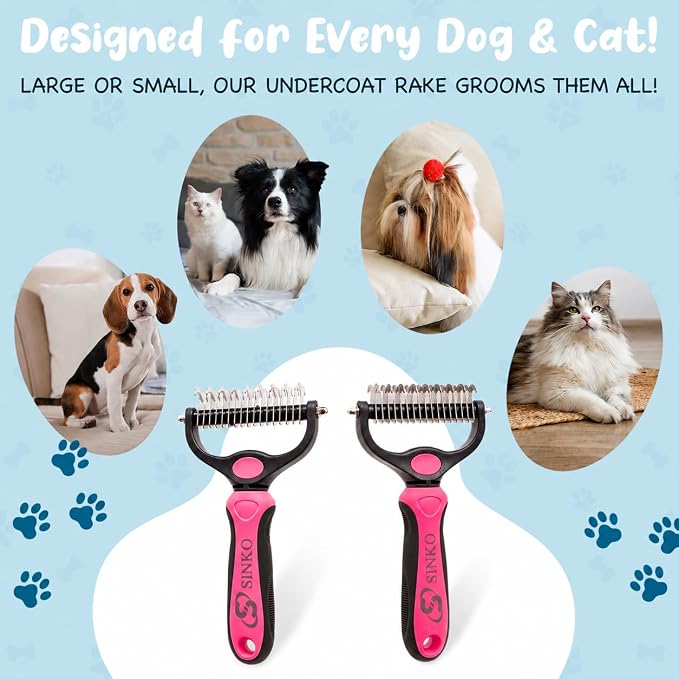 Sinko Shedding Brush For Dog and Cat, Undercoat Rake with Extra Wide Double-Sided Stainless Teeth for Detangling, Deshedding, Brushing & Removing Shed Fur, Knots, Mats, and Tangles in Pets (Pink)