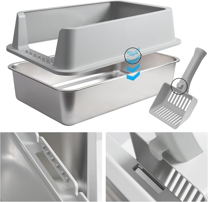 Stainless Steel Litter Box with Lid, XL Metal Litter Box | Cat Litter Boxes Extra Large for Big/Multiple Cats, Never Absorbs Odors, Non-Stick, Includes Scooper and Mat