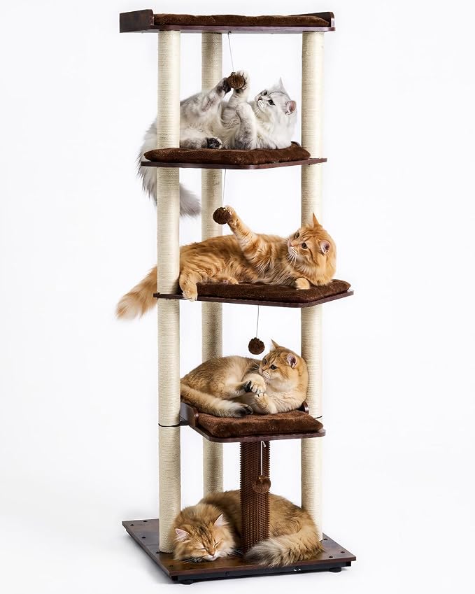 Heavy Duty Cat Tree, 67.7" Cat Tree for Indoor Cats Large Adult, Modern Cat Tower for Large Cats, Cat Tower with Scratching Post, Large Perch and Removable Pads, Rustic Brown