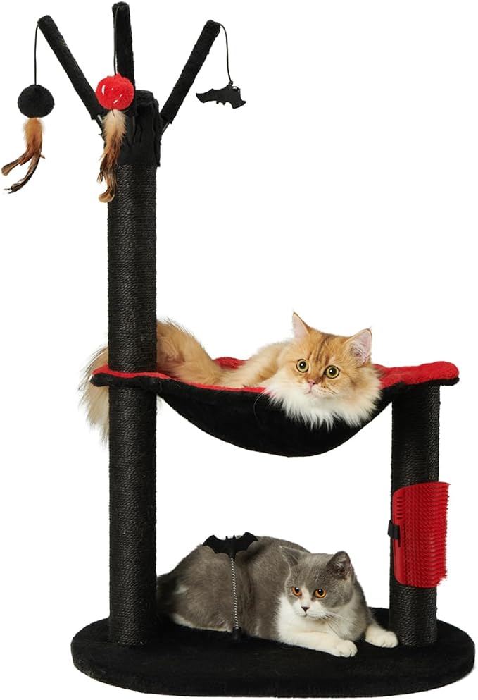 MECOOL Cat Tree Tower 37" Tall Scratching Post with Large Hammcok for Indoor Cats,Self-Massage Bursh Hanging Ball Toys,Black