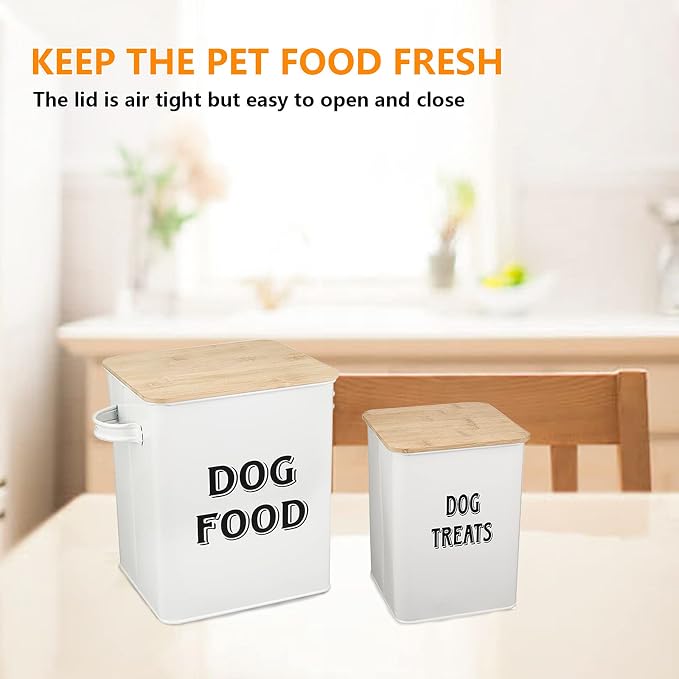 Pethiy Dog Food and Treats storage tin Containers Set with Scoop for Dogs-Tight Fitting Wood Lids-Coated Carbon Steel-Storage Canister Tins-White