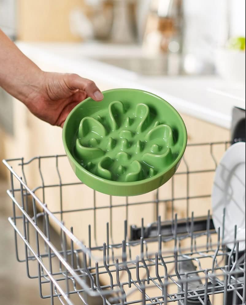 LE TAUCI Slow Feeder Dog Bowls Ceramic, 3 Cups Slow Feeding Dog Bowl Medium Large Breed, Pet Bowl for Fast Eaters, Puzzle Pet Dishes, Pink+Green