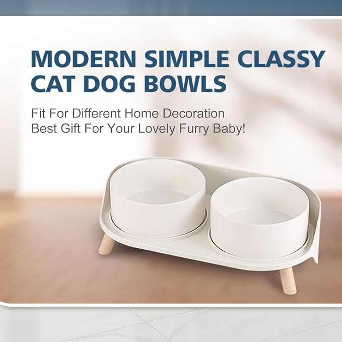 Elevated Ceramic Dog Bowl Set - Double Dog Feeding Bowls with Stand Splash Proof - Raised Dishes for Food and Water - Ideal for Small to Medium Dogs - 2 x 720 ml - 11.3 oz - White