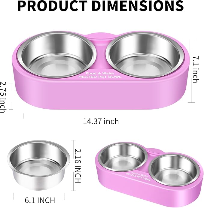 Heated Water Bowl for Dog & Cat, Outdoor Indoor Heated Pet Bowl with 2 Stainless Steel Bowl 48 OZ Large Capacity Provide Non Freezing Water & Food in Winter Double Heated Sink