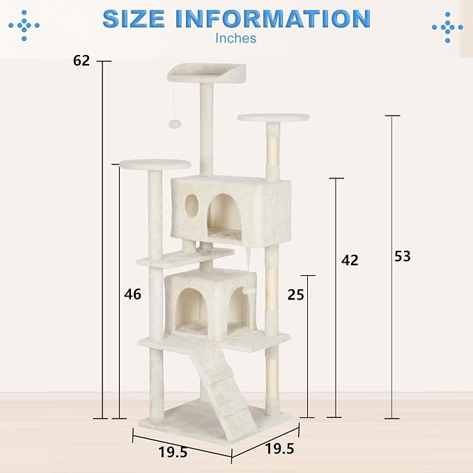 FDW | 62" Cat Tree Tower | Beige | Multi-Level Indoor Activity Center with Sisal Scratching Posts, Condos, Plush Perches, Hanging Cat Toys | Sturdy, Easy to Assemble | for Kittens & Adult Cats