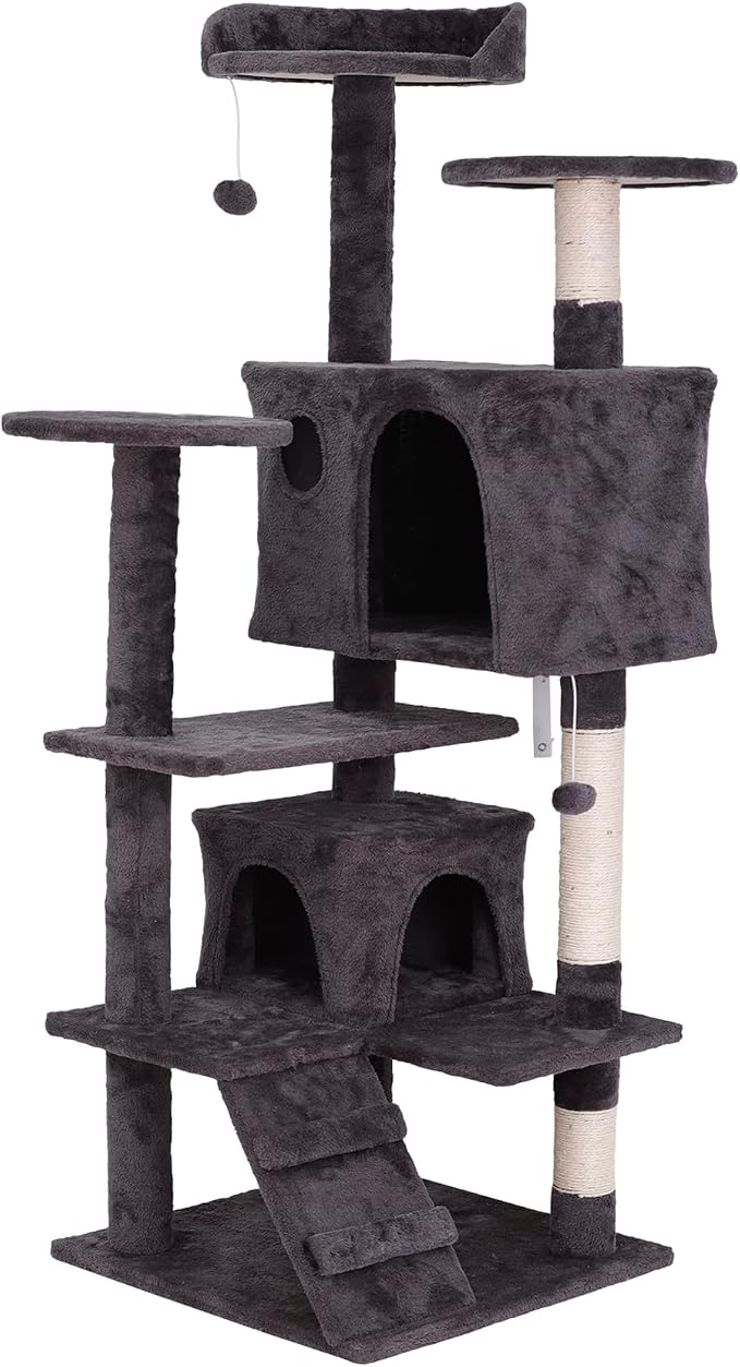 ZENY 54 Inch Cat Tree, Indoor Cat Tower Condo, Multi-Level Cat House with Sisal-Covered Scratching Post + 2 Play House, Pet Cat Furniture, Grey