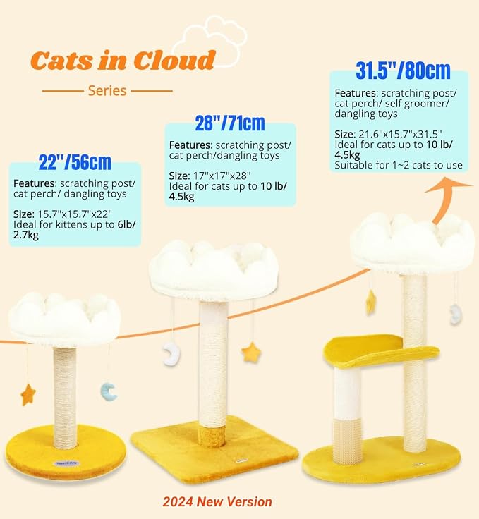 Cloud Cat Tree, 31.5in Multi-Level Indoor Cat Tower with Scratching Posts, Viewing Perch, Removable & Washable Cushions, Cat Activity Tree with Dangling Toy | Removable & Washable Cat Bed, Cat Activity Tree, Cute Dangling Toys, Easy To Clean, Stable St...