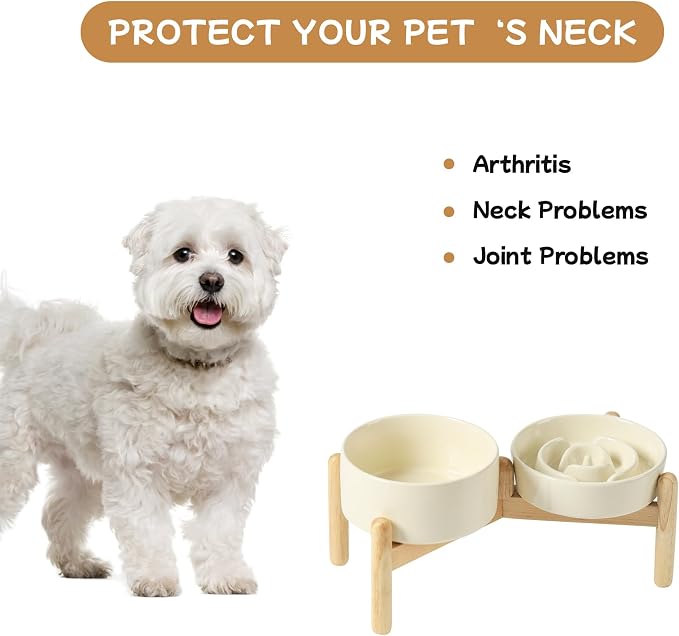 Havniva 6.1” Raised Slow Feeder Dog Bowls Set, 0.9 Cups Ceramic Slow Feeder Dog Bowl and 6.1” Dog Water Bowl with Elevated Wooden Stand Puzzle Dog Food Bowl for Small Dogs Anti-Gulping & Anti-Choking