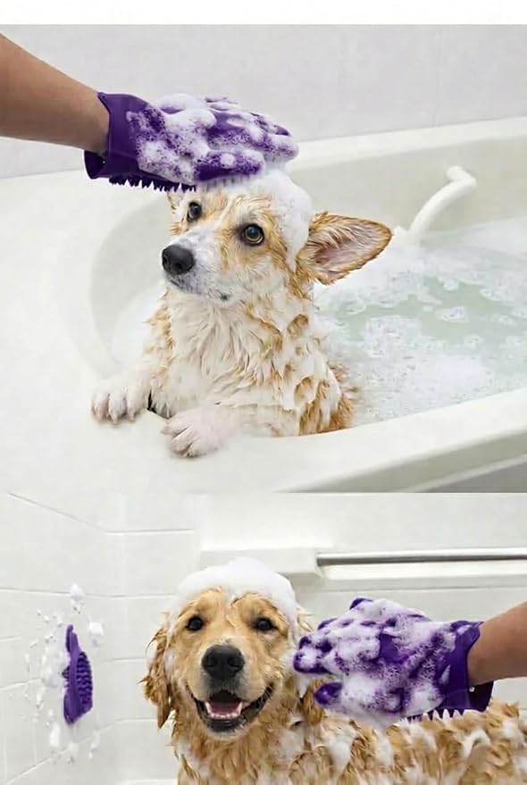 Pet Grooming Gloves for Cats & Dogs – Silicone Hair Removal Glove for Bathing, Shedding & Massage – Gentle Mitt for Long & Short Hair Pets with Drainage System