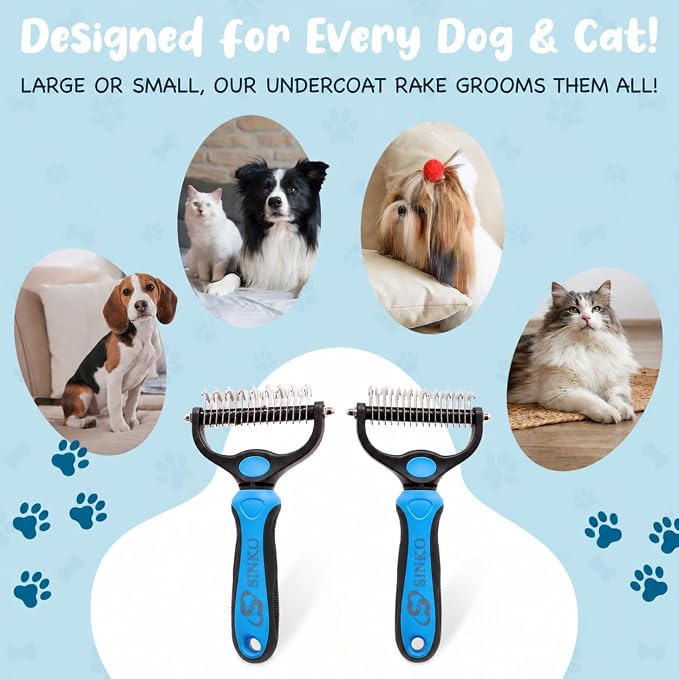 Sinko Shedding Brush For Dog and Cat, Undercoat Rake with Extra Wide Double-Sided Stainless Teeth for Detangling, Deshedding, Brushing & Removing Shed Fur, Knots, Mats, and Tangles in Pets (Blue)